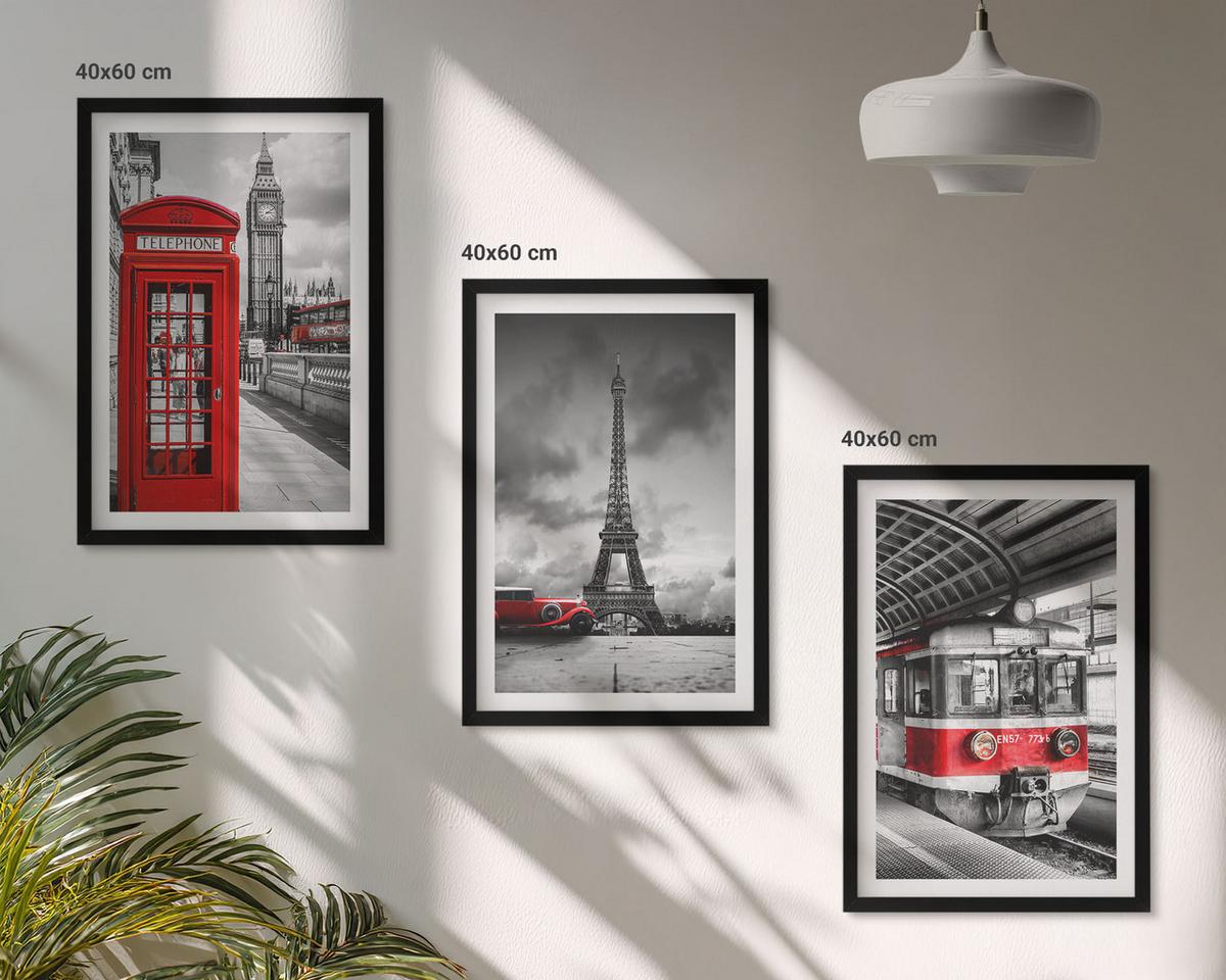 BILDER SET 3er Set - 40x60 cm Schwarzer Rahmen - Ikonen London Paris Verkehr - Schwarz, Kunststoff (40/60cm) - TULUP