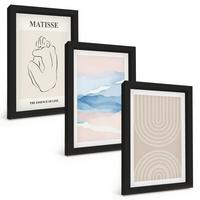 BILDER SET 3er Set - 20x30 cm Schwarzer Rahmen - Linien, Wellen, pastellfarbener Minimalismus - Schwarz, Kunststoff (20/30cm) - TULUP