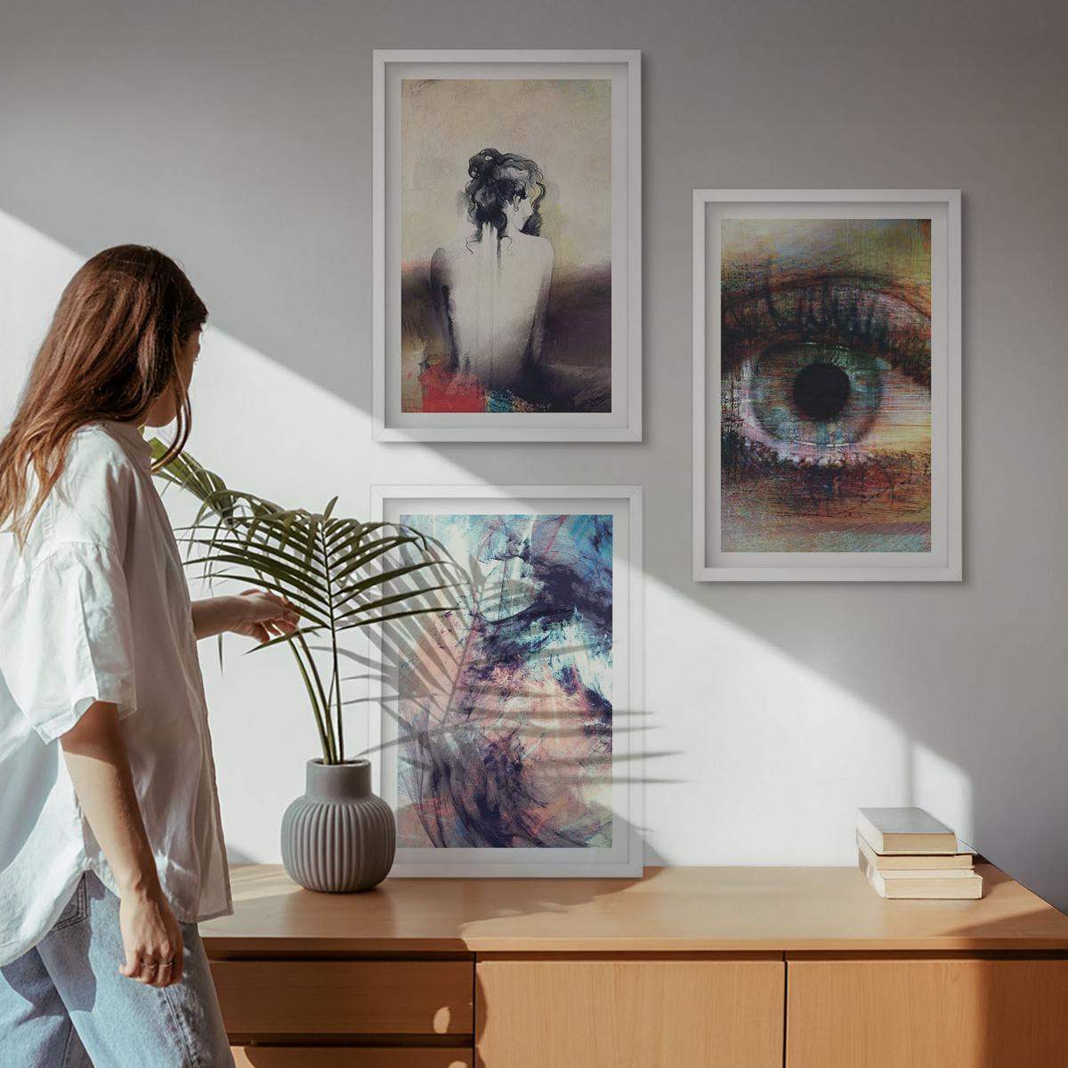 BILDER SET 3er Set - 40x60 cm Weißer Rahmen - Porträt einer Frau mit abstrakten Emotionen - Weiß, Kunststoff (40/60cm) - TULUP