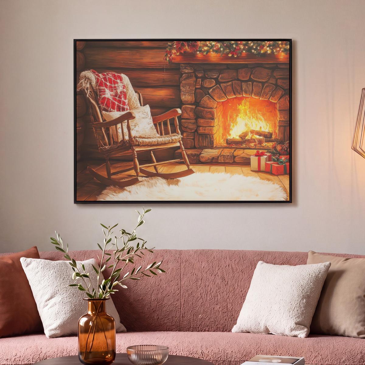LEINWAND Bilder mit Rahmen - Winter - Weihnachten - Zuhause - Kamin - 100x70 - Bernsteinfarben, Textil (100/70cm) - MuchoWow
