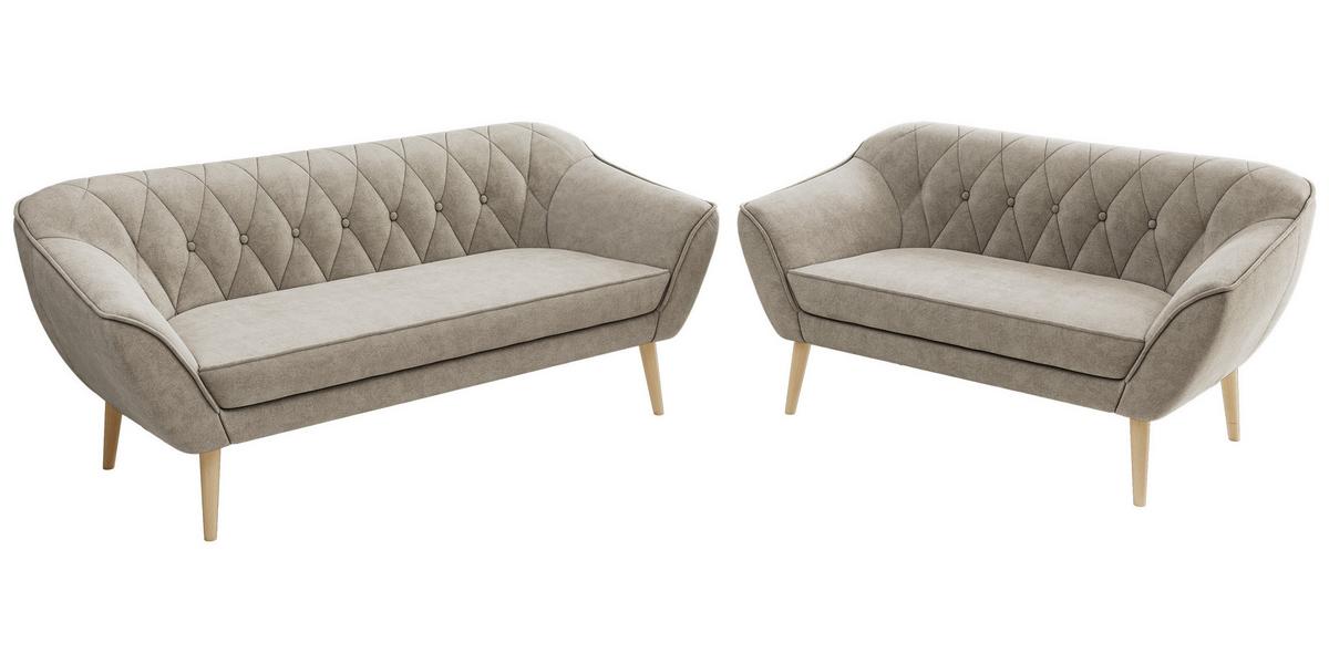 SITZGARNITUR PIRS 3+2 - Greige Strukture - Holzbeine - Greige/Buchefarben, Holzwerkstoff/Textil (180/75/74cm) - MKS