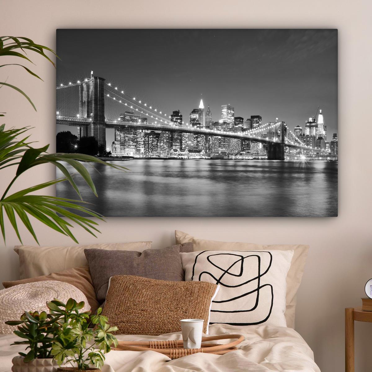 LEINWANDBILD New York - Brücke - Brooklyn - Schwarz und weiß - Architektur Groß 140x90 cm - Schwarz, Textil (140/90cm) - MuchoWow