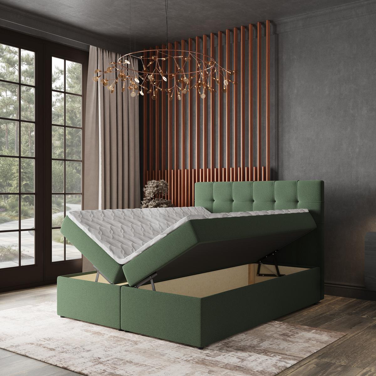 BOXBETT PALMA 140x200 cm mit Matratze und Topper, H2+H3 - Grün - Grün, Holz (140/200cm) - MASSENO