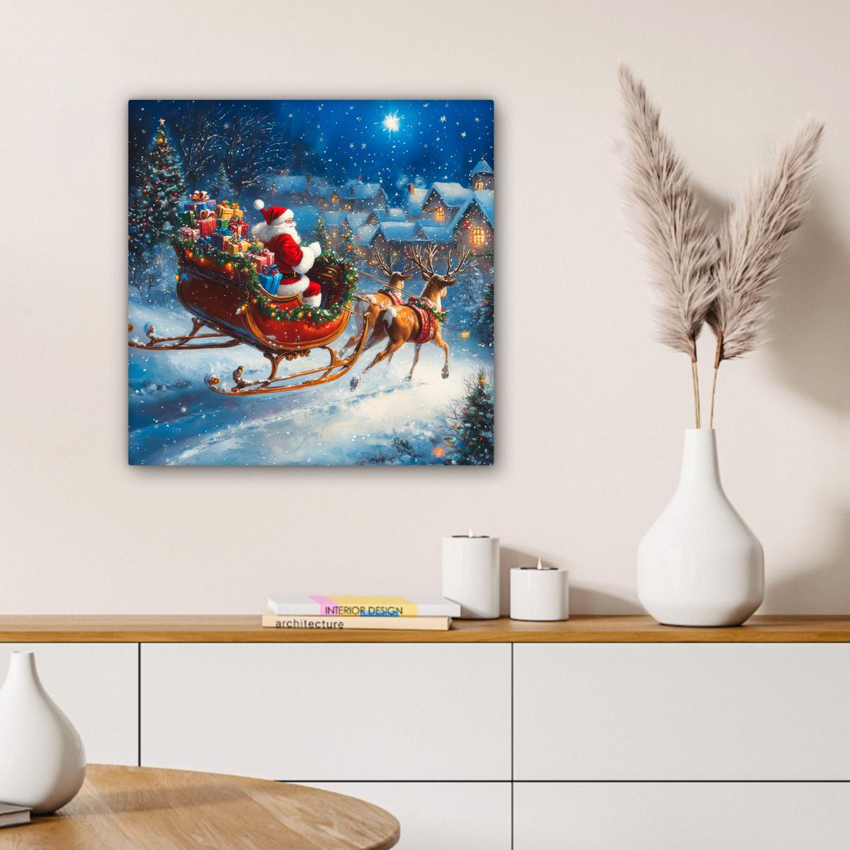 LEINWANDBILD Weihnachtsmann - Rentier - Weihnachten - Schnee Wandbild Wohnzimmer 50x50 cm - Cognac, Textil (50/50cm) - MuchoWow