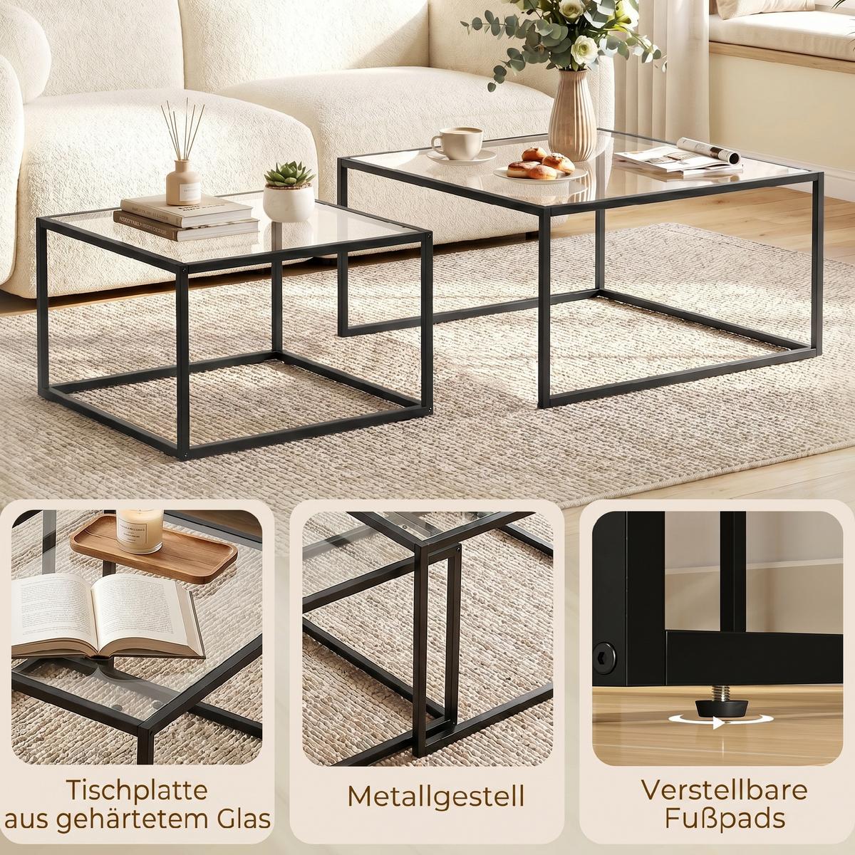 COUCHTISCHE 2er Set Gehärtetes Glas Metall Schwarz - Schwarz, Glas/Metall (75/75/42cm) - HOMCOM