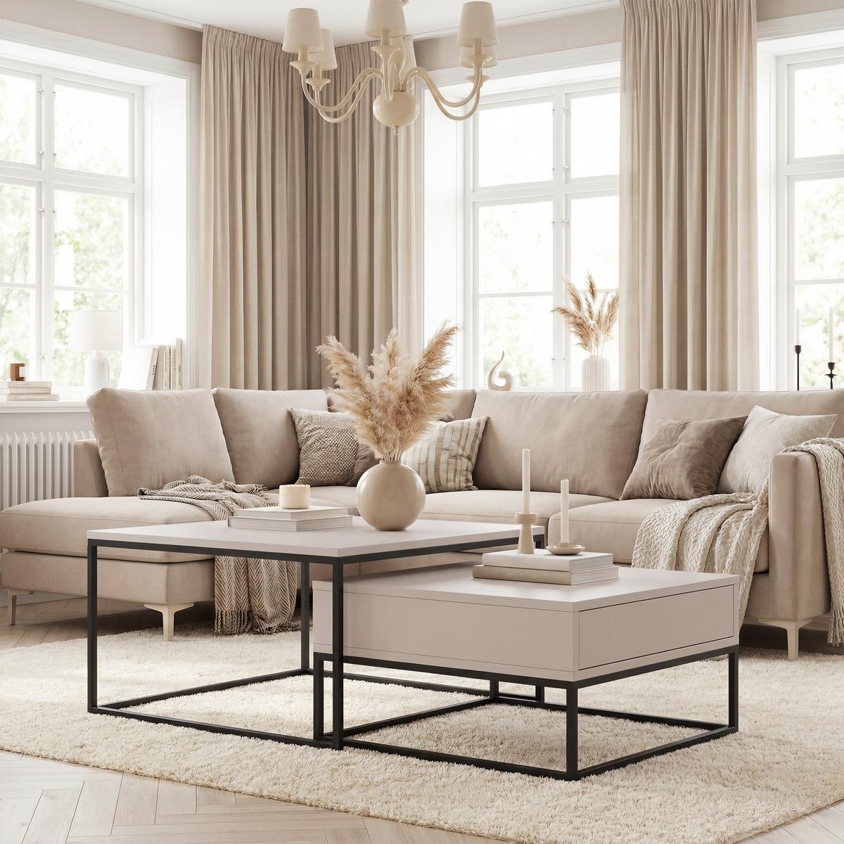 COUCHTISCH-SET ELEGANT 70/60 cm quadratischer, Schwarz / Kaschmir - Kaschmir/Schwarz, Holzwerkstoff/Metall (70/70/42cm) - Idohome