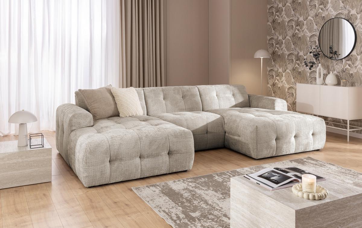 WOHNLANDSCHAFT in U-Form mit raffinierten Steppungen, 6-Sitzer, Wellenunterfederung, B323/T161/H79 cm, Chenille-Bezug in Sandgrau / 21048 - Sandfarben/Greige, Kunststoff/Textil (323/79/161cm) - luma-home