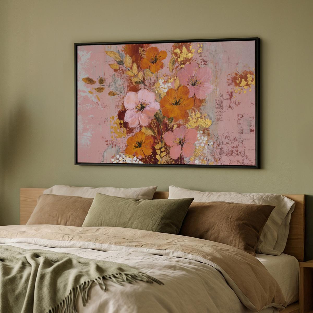 LEINWAND Bilder mit Rahmen - Malerei - Blumen - Rustikal - Rosa - 90x60 - Altrosa, Textil (90/60cm) - MuchoWow