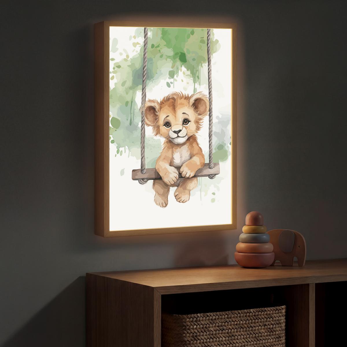 WANDLEUCHTE MIT AKKU Löwe - Tier - Kinder - Dschungel 40x60 cm - Weiß, Holzwerkstoff (40/60/8cm) - OnlyWow