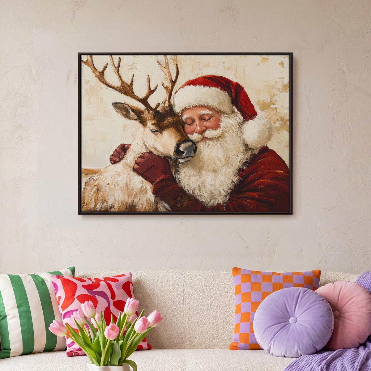 LEINWAND Bilder mit Rahmen - Weihnachtsmann - Rentier - Weihnachten - 70x50 - Rotbraun, Textil (70/50cm) - MuchoWow