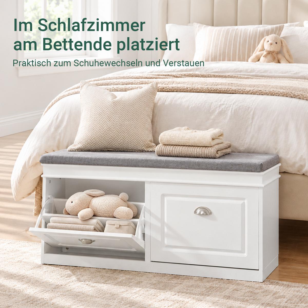 SCHUHBANK weiß, 104x52x24 cm, 2 Klappen für 8 Paar, Sitzpolster, bis 150 kg, schmal für Flur & Diele - Weiß, Holzwerkstoff (104/52/24cm) - SoBuy