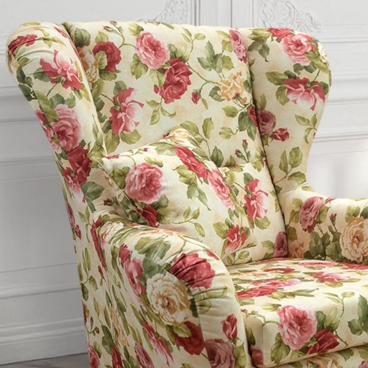 OHRENSESSEL mit HOCKER, hoher Sitzkomfort durch Wellenunterfederung B90/H98/T76 cm, Webstoff Blumenmuster bunt / 18004 - Multicolor/Schwarz, Holz/Textil (90/98/76cm) - luma-home