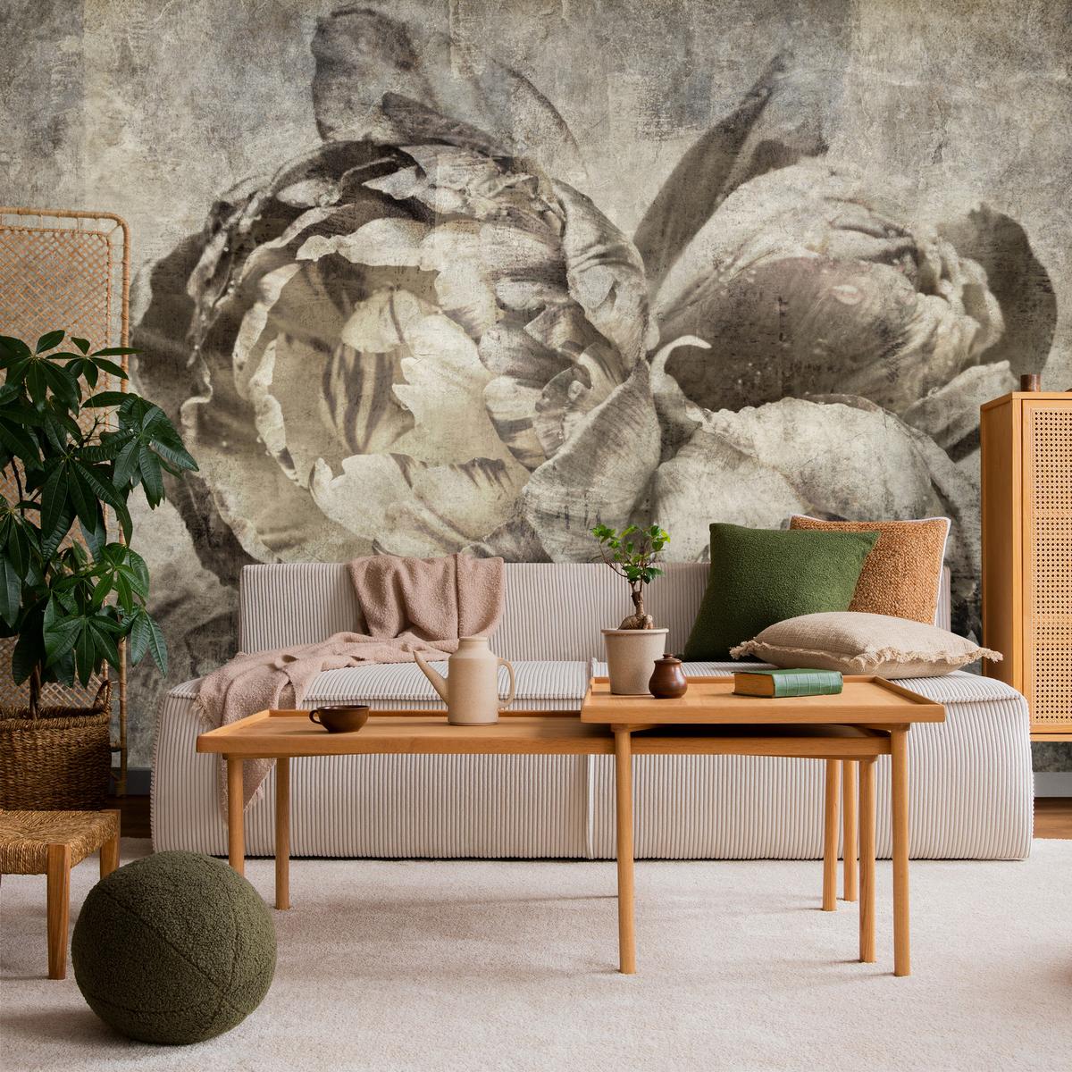 FOTOTAPETE Pfingstrosen Blumen Beton Vintage 350x256 - Beige/Braun, Papier (350/256cm) - Muralo