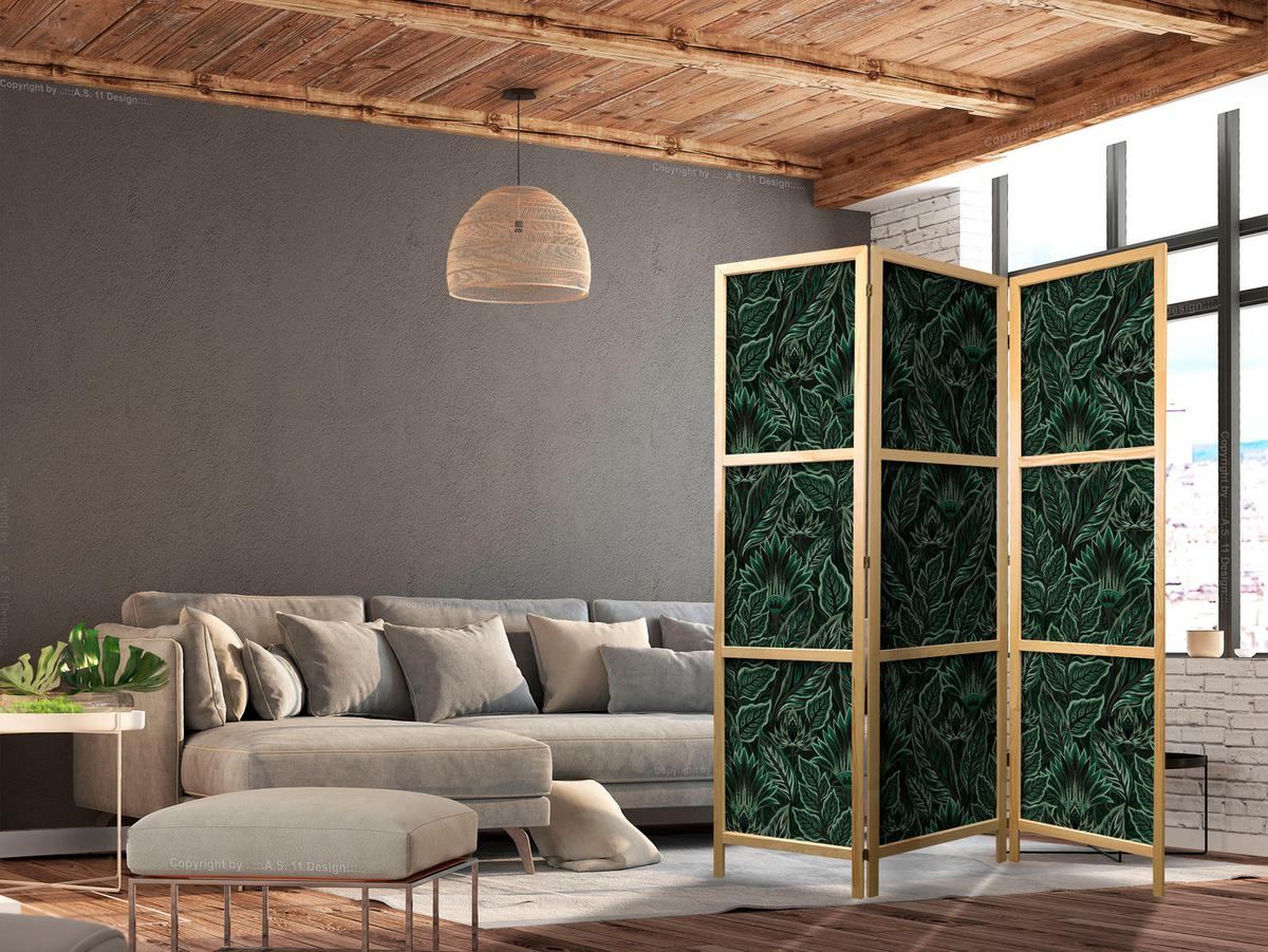 PARAVENT Japanischer 3-tlg 135x172 cm Gr ne Bl tter - Grün, Holz/Textil (135/172/3cm) - Muralo