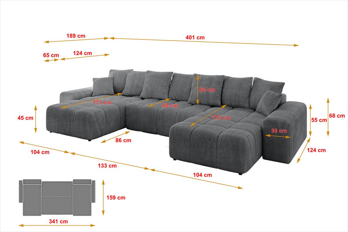 WOHNLANDSCHAFT ENIL-U 401x189x68 Dunkelgrau Cord - Dunkelgrau, Holzwerkstoff/Kunststoff (401/68/189cm) - ALTDECOR
