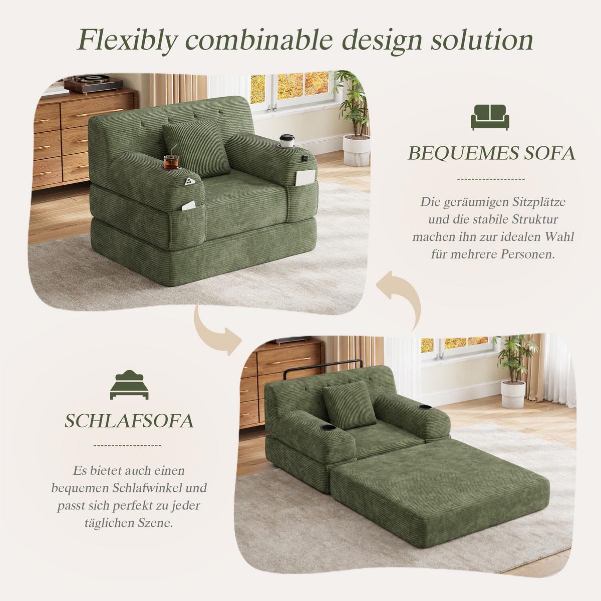 SCHLAFSOFA Cord mit Schlaffunktion, Getränkehalter & Taschen - Grün, Textil (107/81/80cm) - Urban Meuble