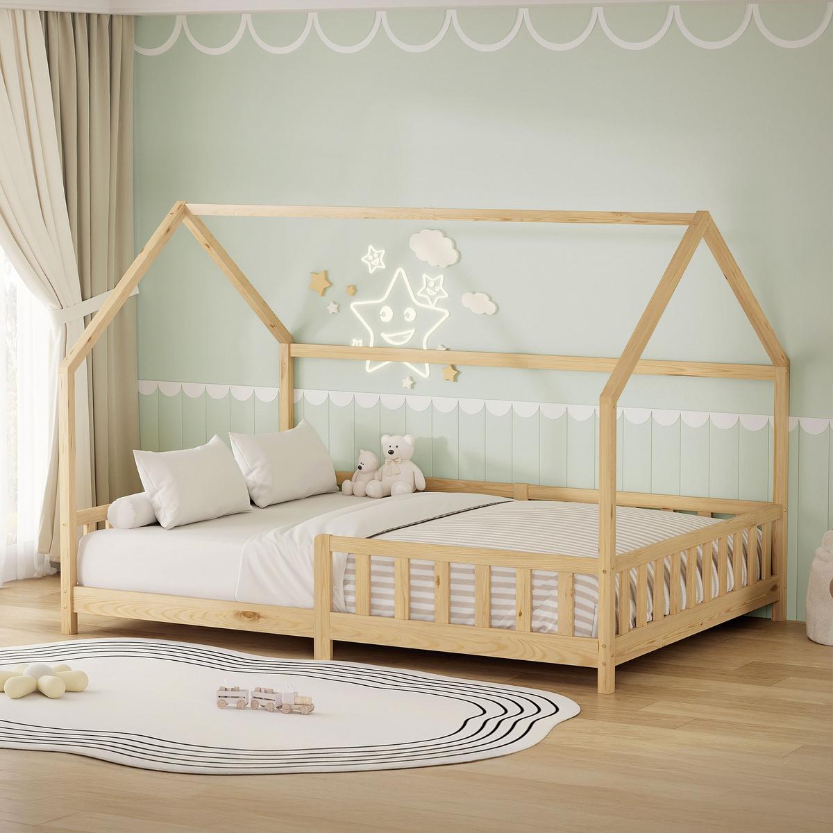 KINDERBETT 140x200 cm mit Rausfallschutz Natur aus Kiefernholz massiv - Naturfarben, Holz (140/200cm) - ML-DESIGN