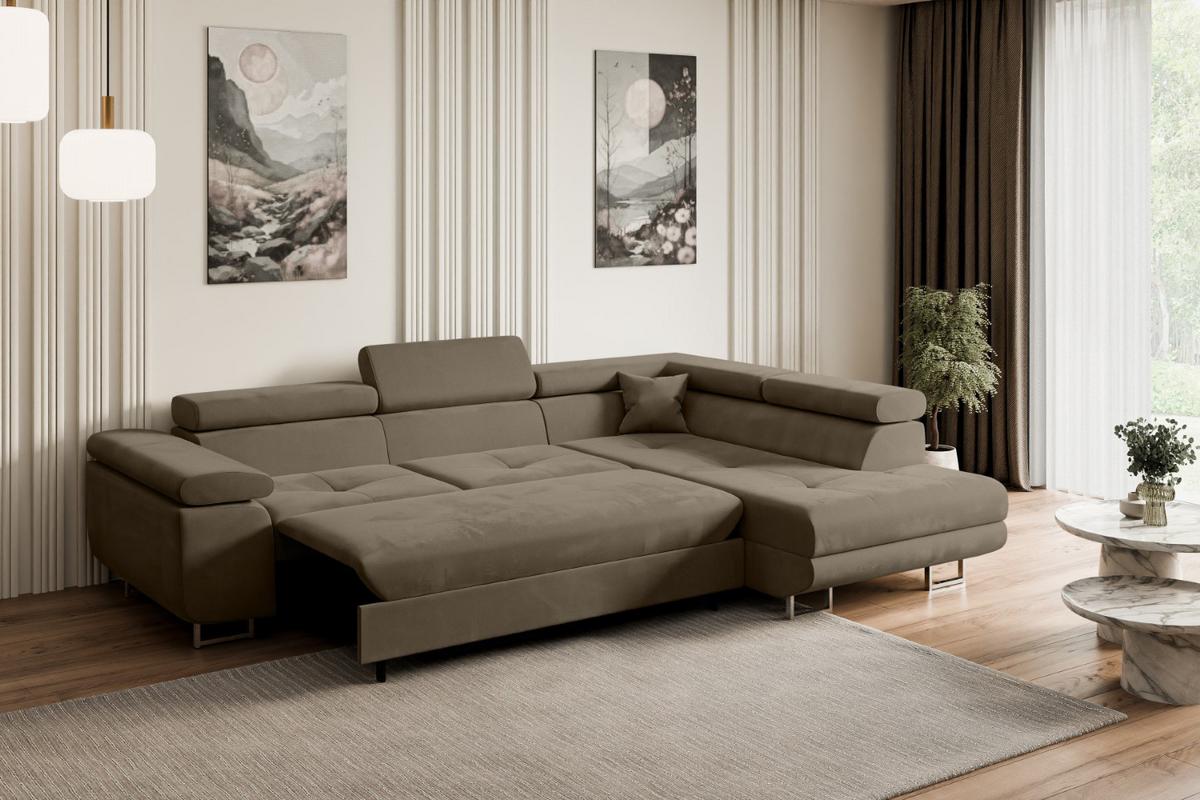 ECKSOFA mit Schlaffunktion und Bettkasten GUSA-L 272x202x107 cm Braun Velours - Silberfarben/Braun, Holzwerkstoff/Textil (272/202cm) - ALTDECOR