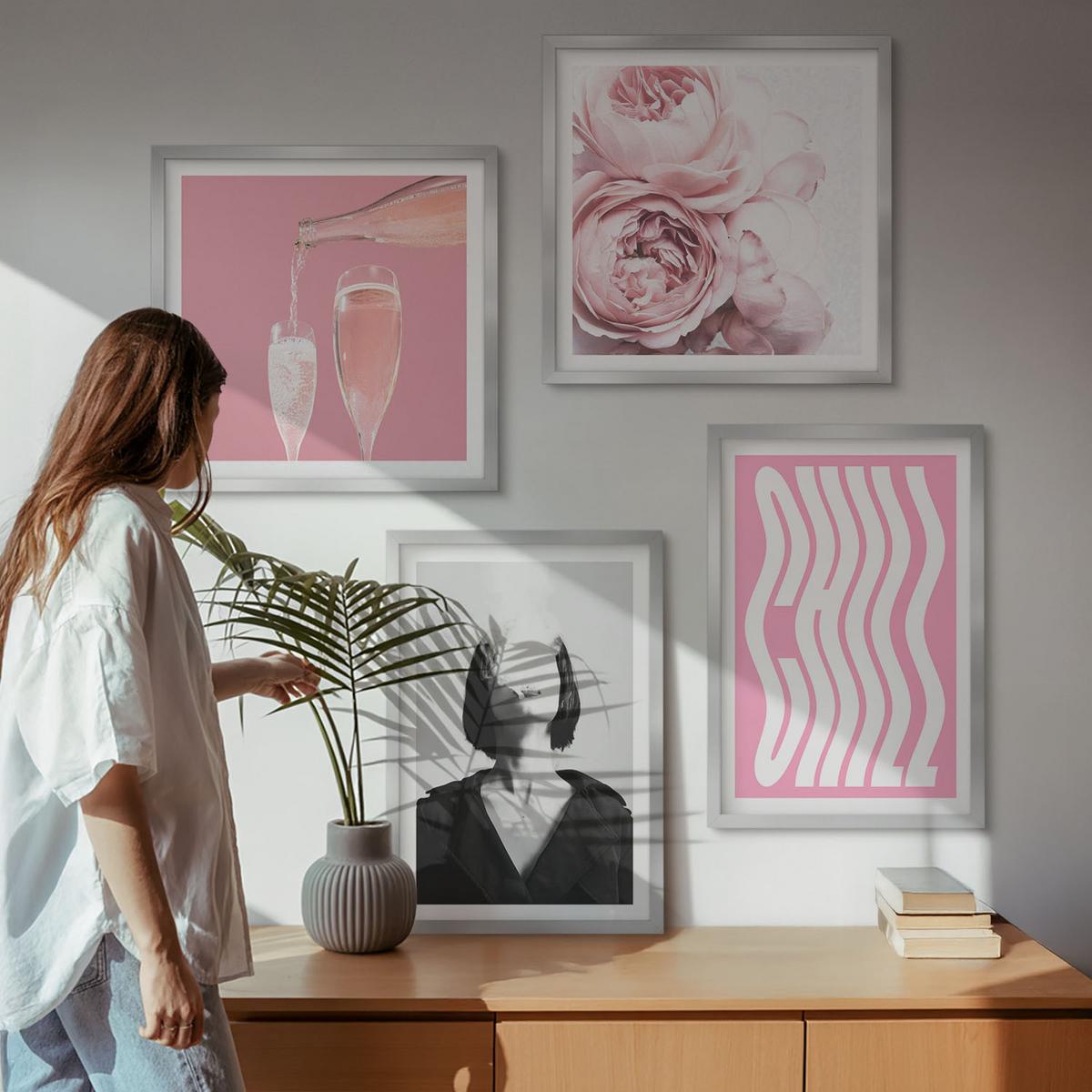 BILDER SET 4er Set - 50x50 cm & 40x60 cm Silberner Rahmen - Stilvolles Porträt mit Champagner - Silberfarben, Kunststoff (50/50cm) - TULUP