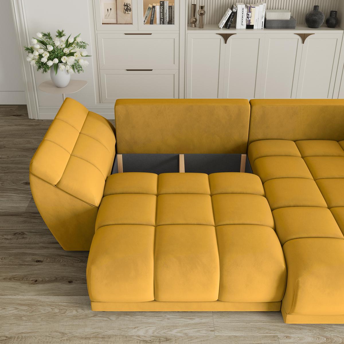 ECKSOFA ORENTI R-S Gelb Velours-Stoff mit Schlaffunktion - Gelb, Holz (287/182cm) - MASSENO
