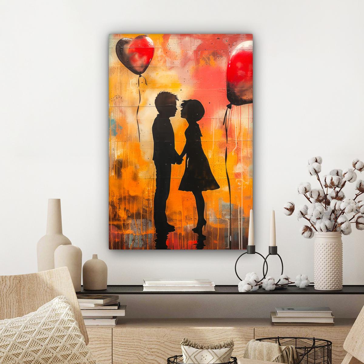 LEINWANDBILD Straßenkunst - Liebe - Graffiti - Kunst - Banksy Wanddeko 40x60 cm - Orange, Textil (40/60cm) - MuchoWow
