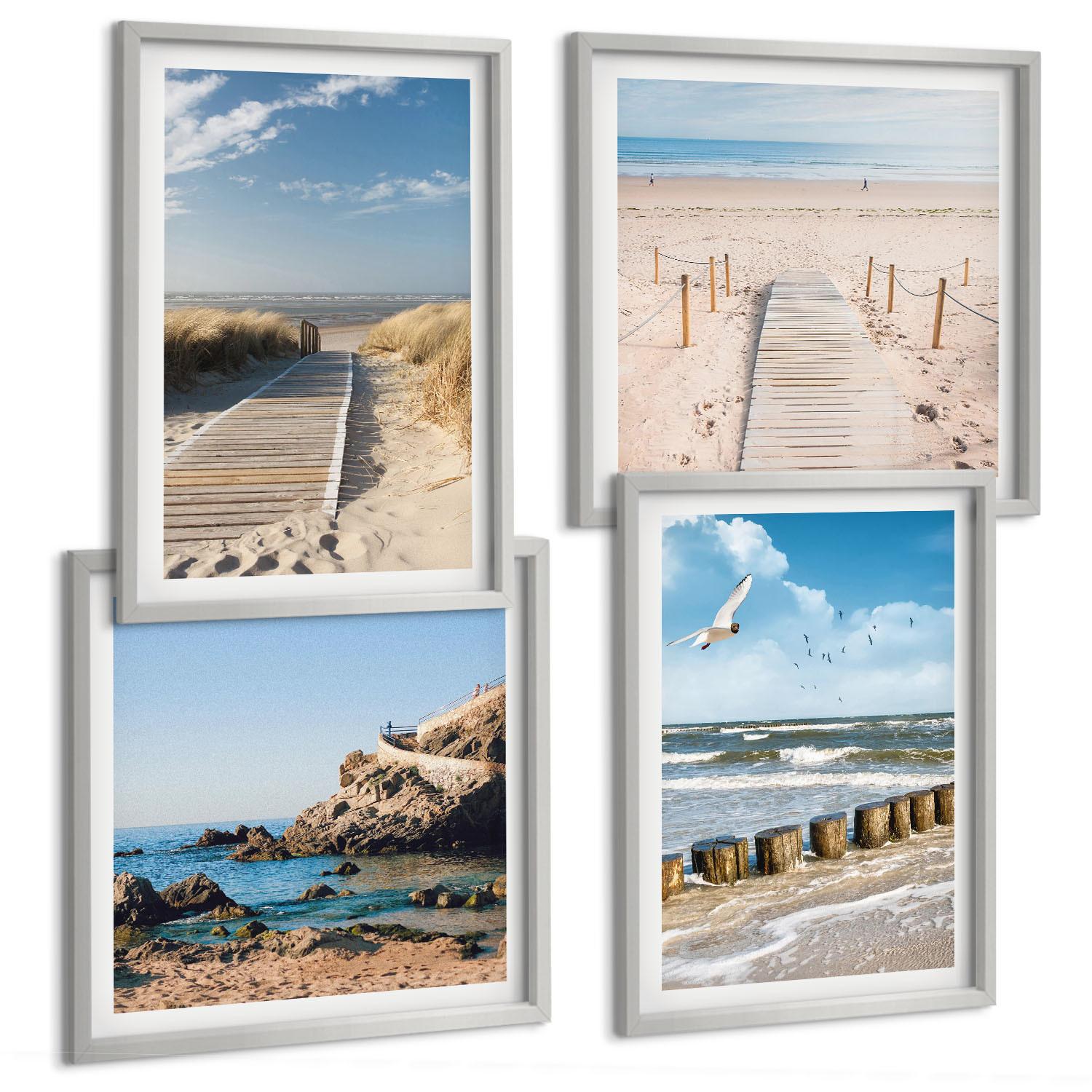BILDER SET 4er Set - 50x50 cm & 40x60 cm Silberner Rahmen - Strand, Sand, Wellen, Himmel, Vögel - Silberfarben, Kunststoff (50/50cm) - TULUP