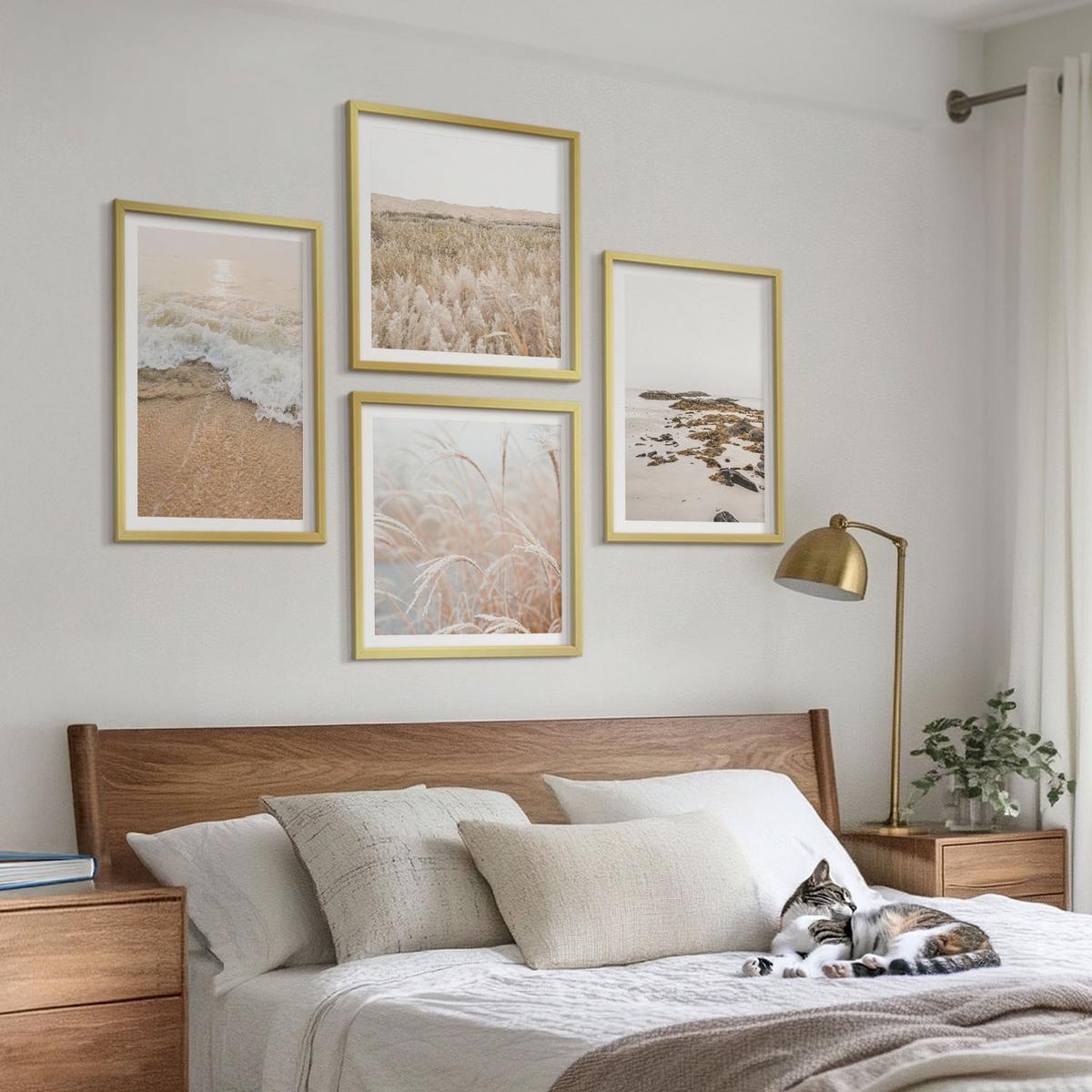 BILDER SET 4er Set - 50x50 cm & 40x60 cm Goldrahmen - Strandwellen, Steine, Sommer - Goldfarben, Kunststoff (50/50cm) - TULUP