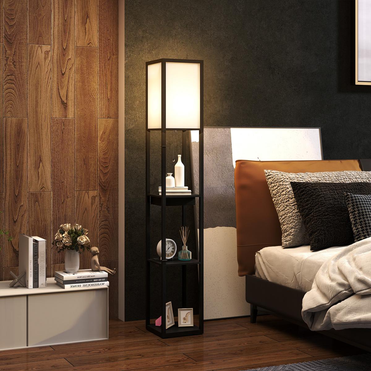 STEHLAMPE, Stehleuchte mit 3 Fächern, E27 Sockel, USB-A, USB-C Anschlüssen - Schwarz, Holzwerkstoff (26/26/159cm) - HOMCOM