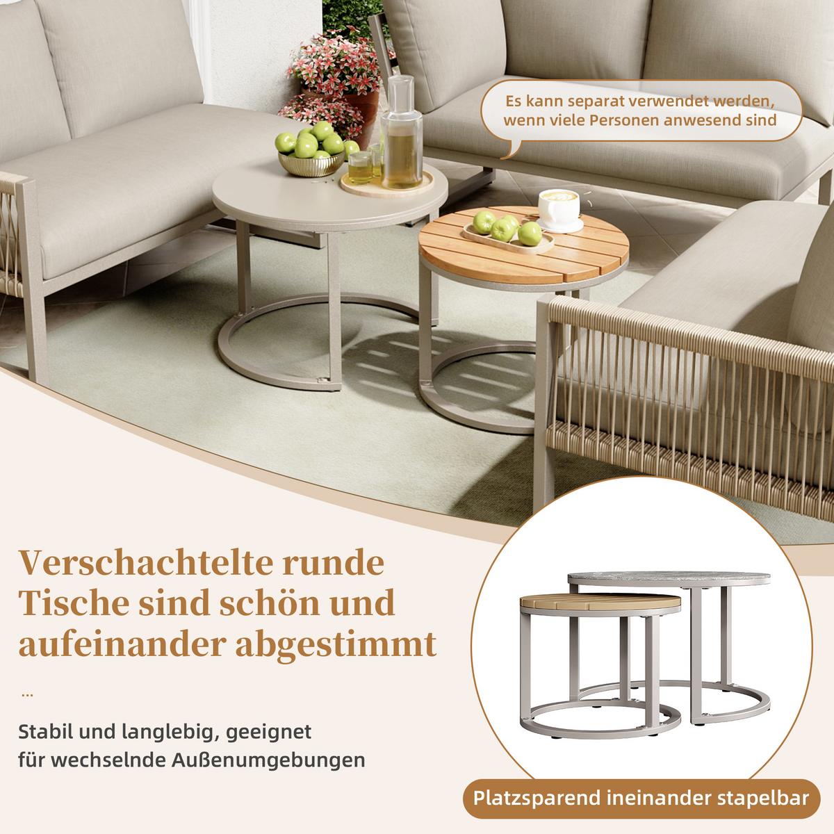LOUNGEGARNITUR 5-tlg Beige Metall & Seil Ecksofa für 6–7 Personen mit 2 Couchtischen - Beige, Metall - Urban Meuble