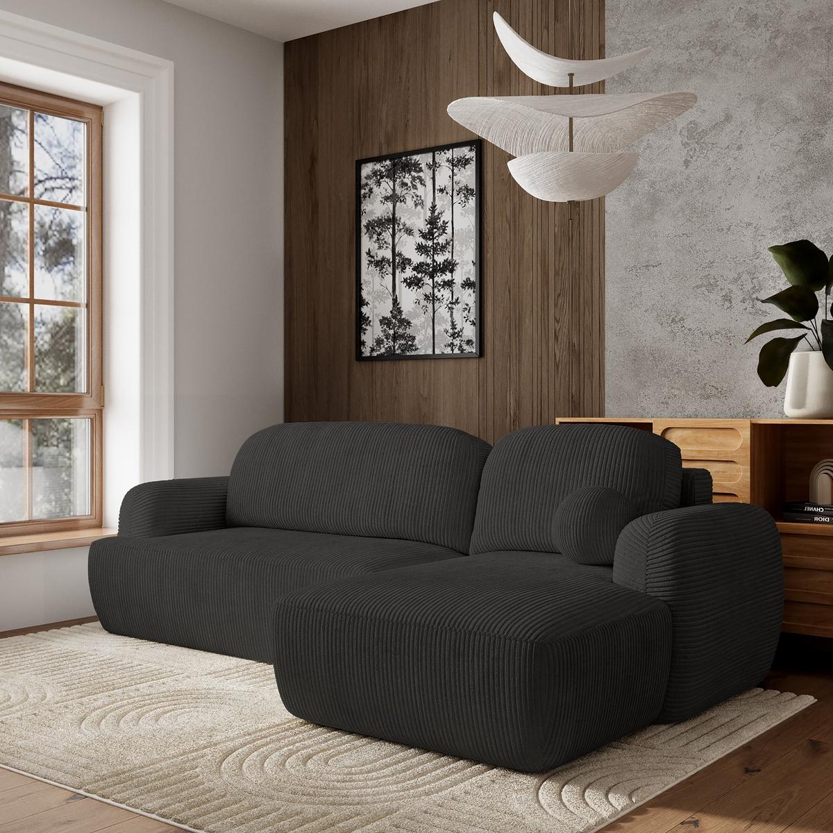 ECKSOFA MODENZA P R-S Schwarz Kordstoff mit Schlaffunktion - Schwarz, Holz/Kunststoff (266/148cm) - MASSENO