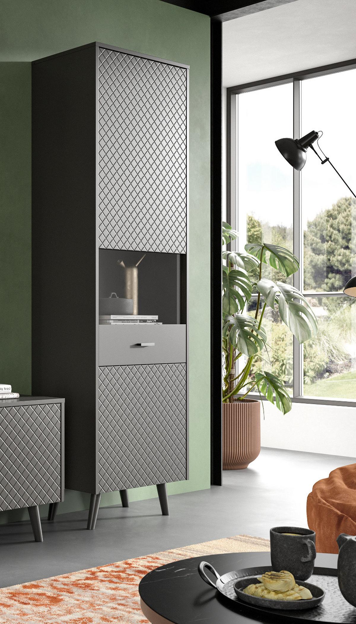 VITRINE grau matt 58 x 195 cm, Vitrinenschrank mit Struktur - Schwarz/Grau, Glas/Holzwerkstoff (58/195/37cm) - Inn.Furn