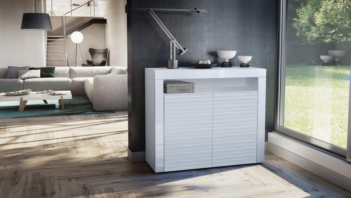 SIDEBOARD Valencia Fronten in Weiß Hochglanz Harmony mit 3D Struktur - Messingfarben, Holzwerkstoff (155/46/40cm) - Vladon