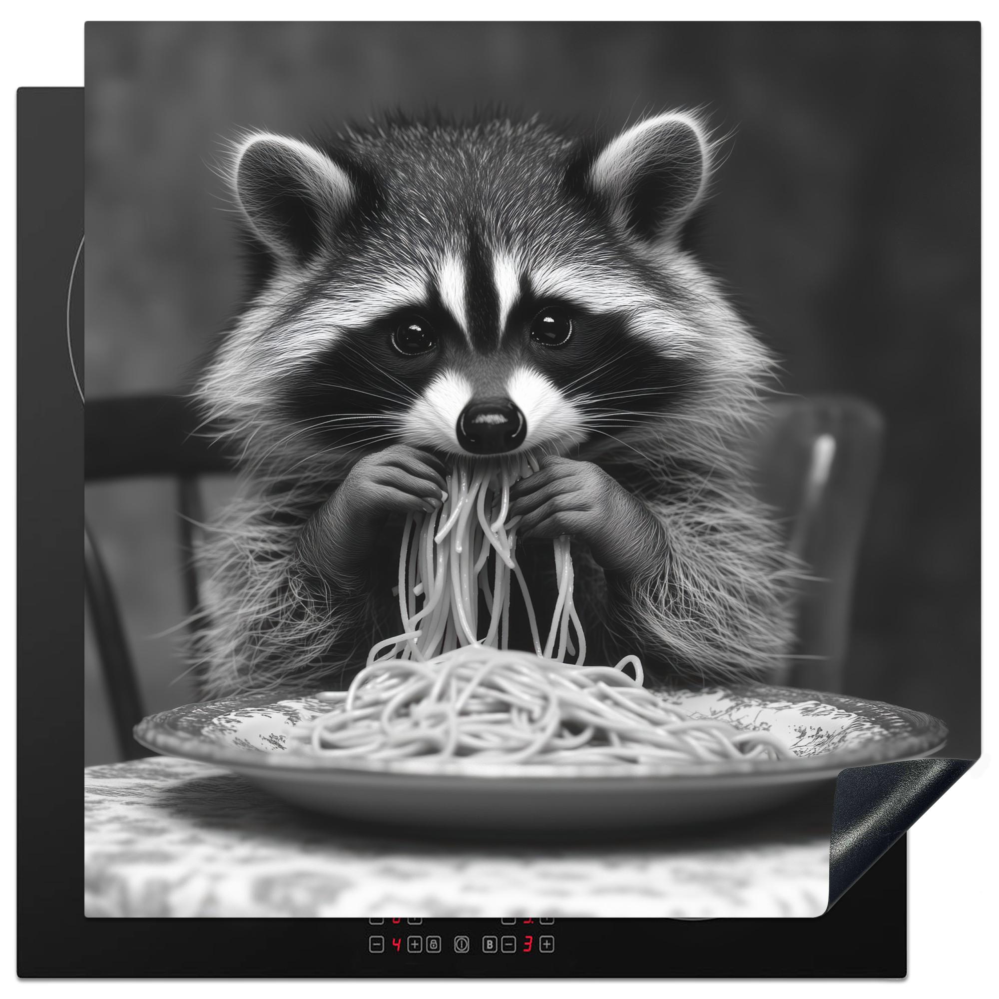 HERDABDECKPLATTE Waschbär - Niedlich - Pasta - Tischtuch - Schwarz - Weiß Induktionsmatte 78x78 cm - Grau, Kunststoff (78/78/0.2cm) - MuchoWow