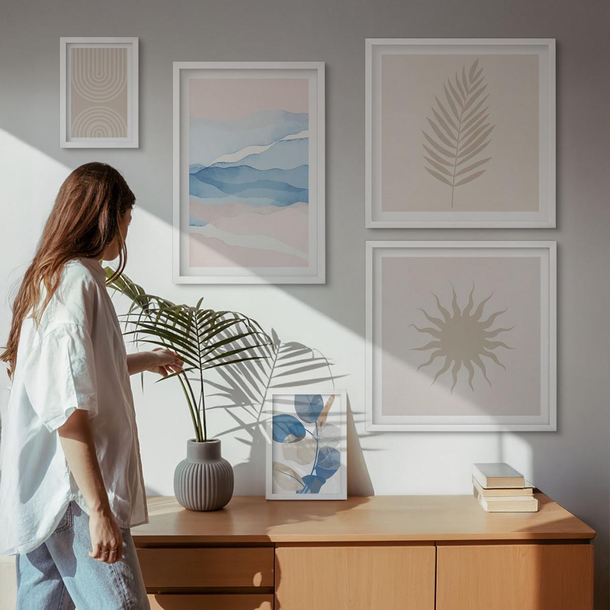 BILDER SET 5er Set - 50x50 cm & 20x30 cm & 40x60 cm Weißer Rahmen - Abstrakte Linien der Sonnenwellen - Weiß, Kunststoff (40/60cm) - TULUP