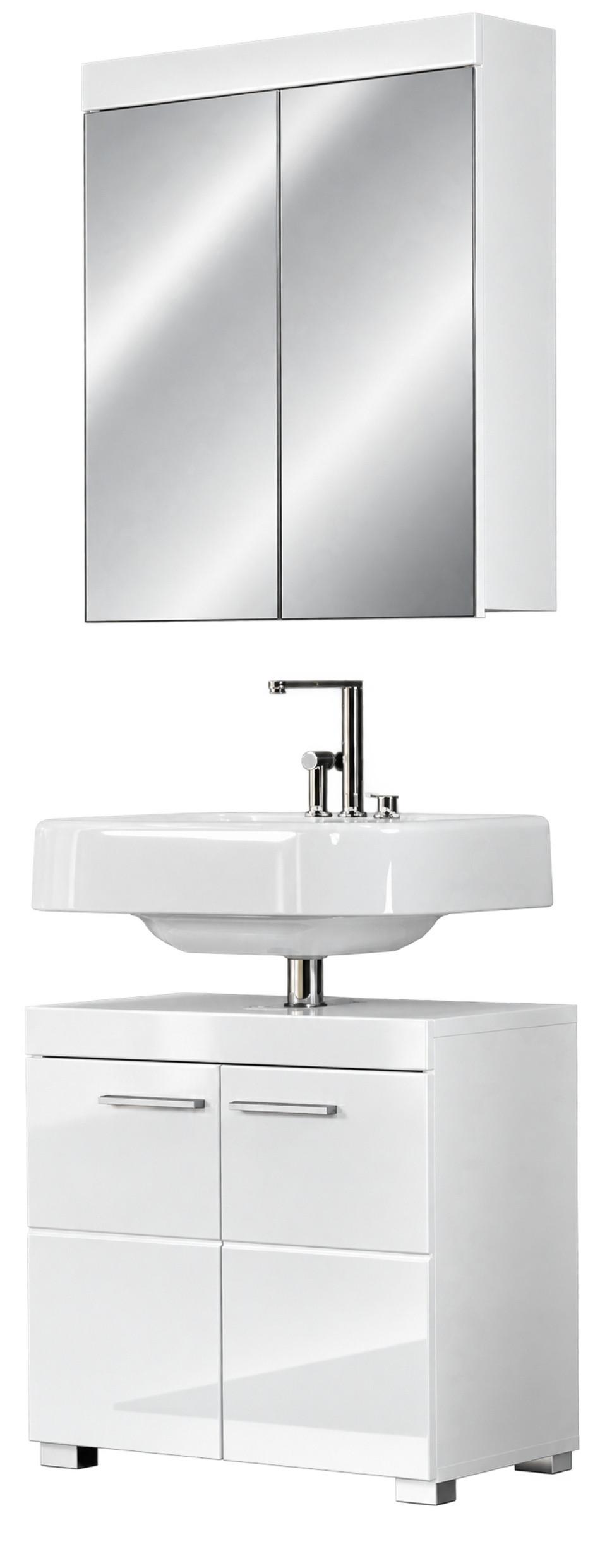 BADMÖBEL-SET weiß Hochglanz 2-teilig 60 cm, Badkombination in modernem Design - Weiß Hochglanz/Silberfarben, Glas/Holzwerkstoff (60/190/34cm) - Top.Furn