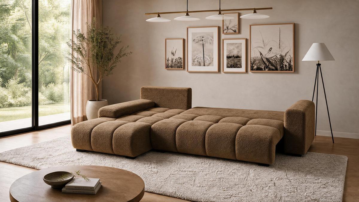 ECKSOFA Ovia mit Bettkasten und Schlaffunktion, Bouclé-Stoff in L-Form - Braun, Textil (270/185cm)