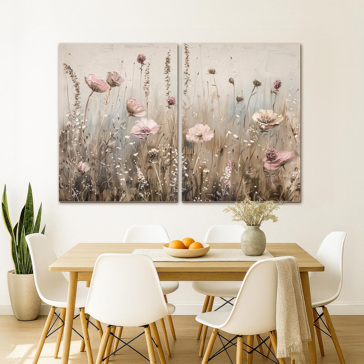 LEINWANDBILD 2er Set Blumen - Beige - Modern - Rosa 180x120 cm - Ecru, Textil (180/120cm) - MuchoWow