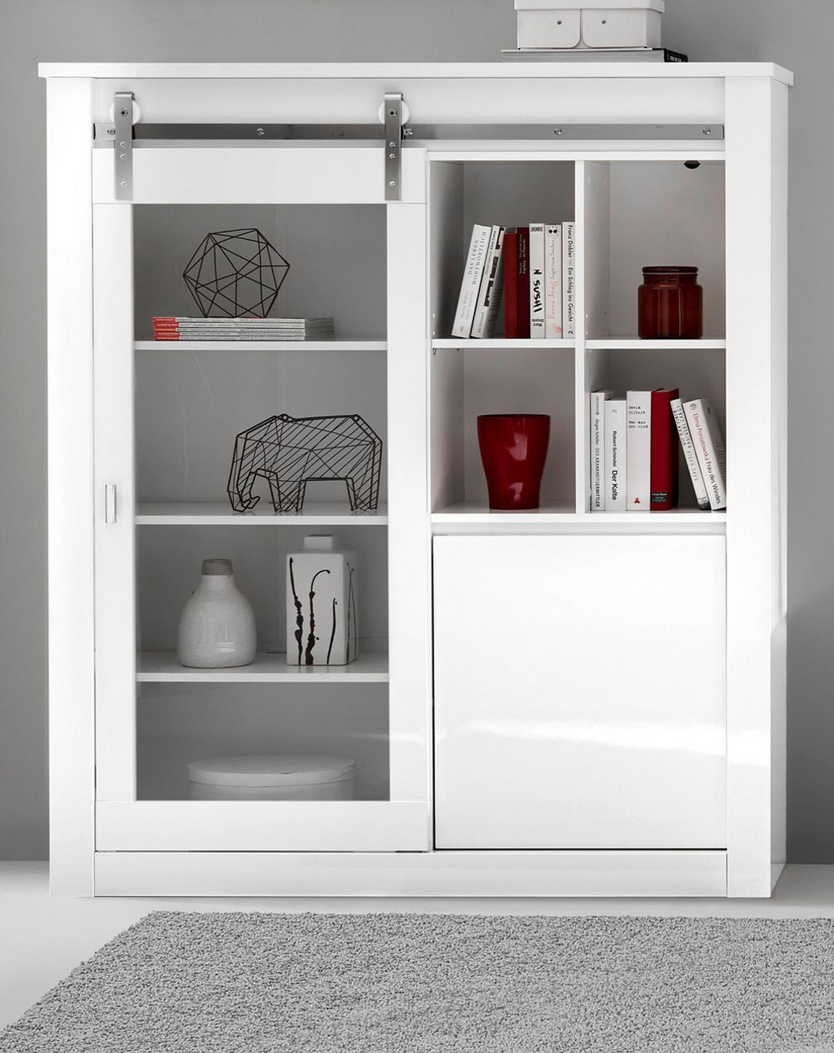 VITRINE weiß Hochglanz 133 x 153 cm, Vitrinenschrank inklusive LED-Beleuchtung, Soft-Close - Chromfarben/Weiß Hochglanz, Glas/Holzwerkstoff (133/153/38cm) - Furn.Design