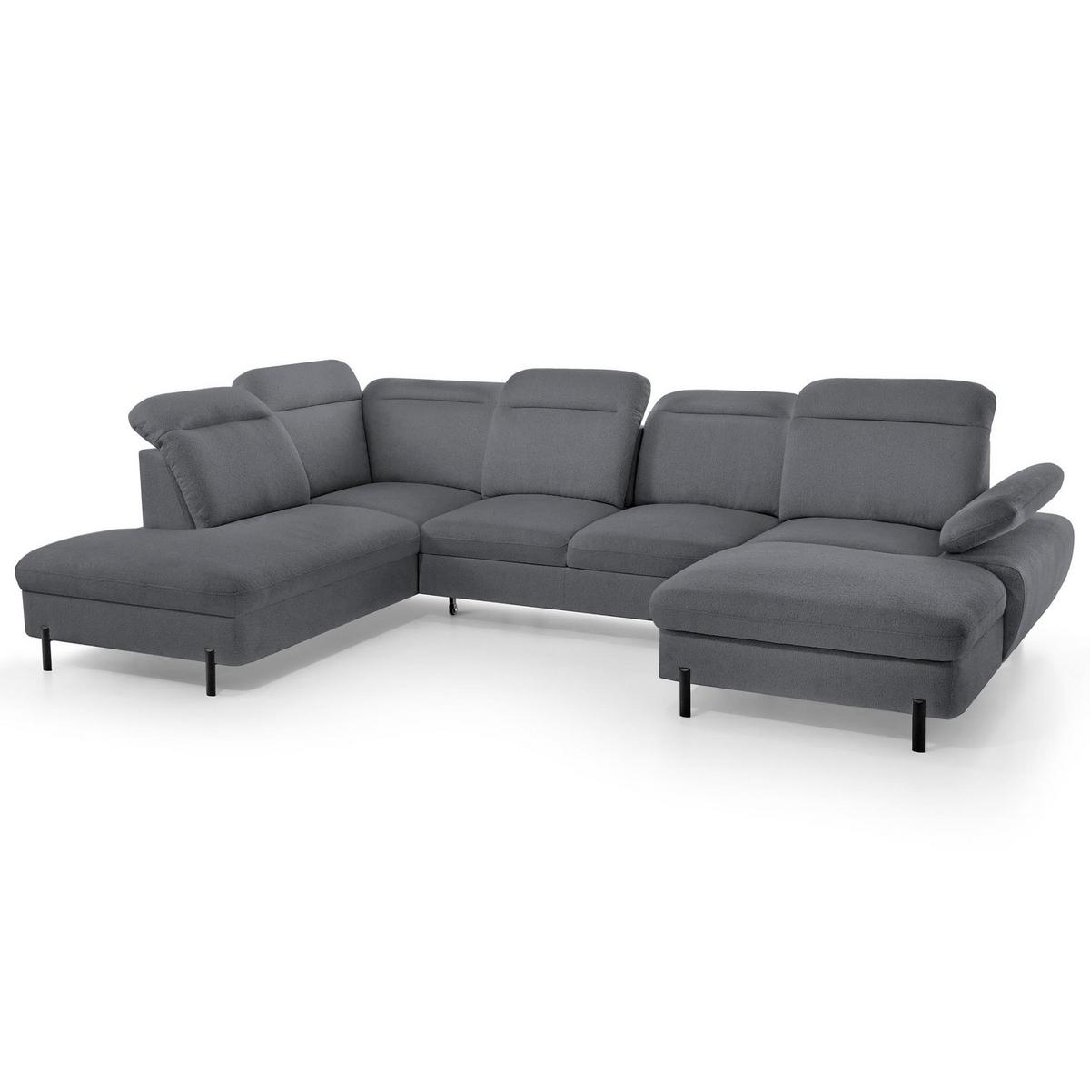 WOHNLANDSCHAFT Sora U mit Schlaffunktion und verstellbarer Sitztiefe, Kopfstützen und Armlehne, 365 cm, Anthrazit, Rechts - Anthrazit/Schwarz, Textil (365/107/235cm) - Beautysofa