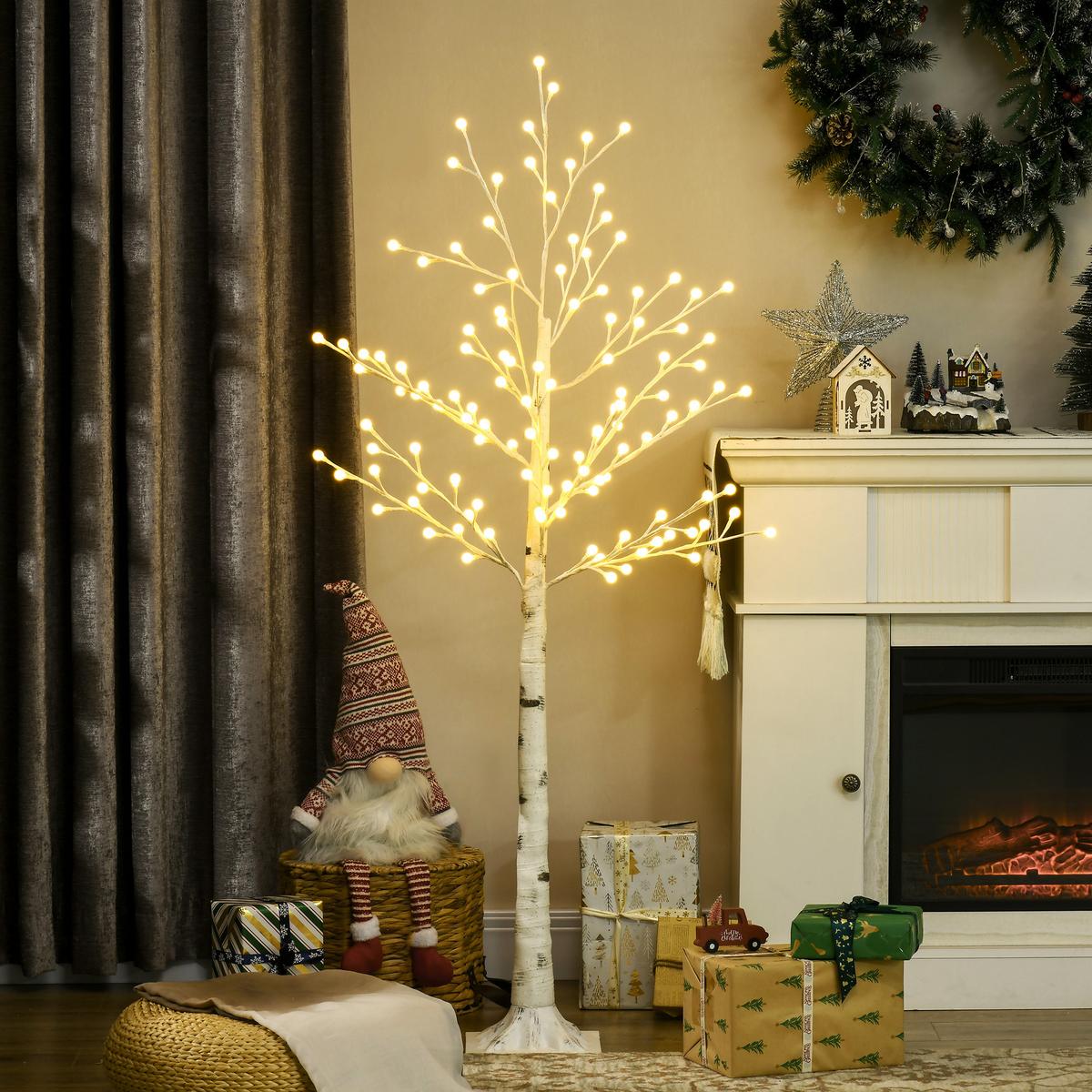 150 cm Lichterbaum, Birkenbaum mit 120 Warmweiß 3 Helligkeitsstufen LED IP44 - Weiß, Kunststoff (20/150/20cm) - HOMCOM