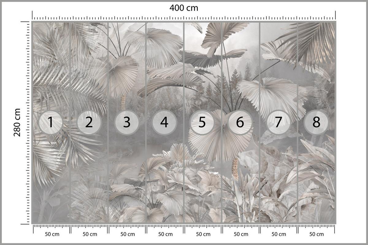 FOTOTAPETE für Wohnzimmer Tropische Blätter Dschungel Palmen Grau 400x280 - Beige/Grau, Papier (400/280cm) - Muralo