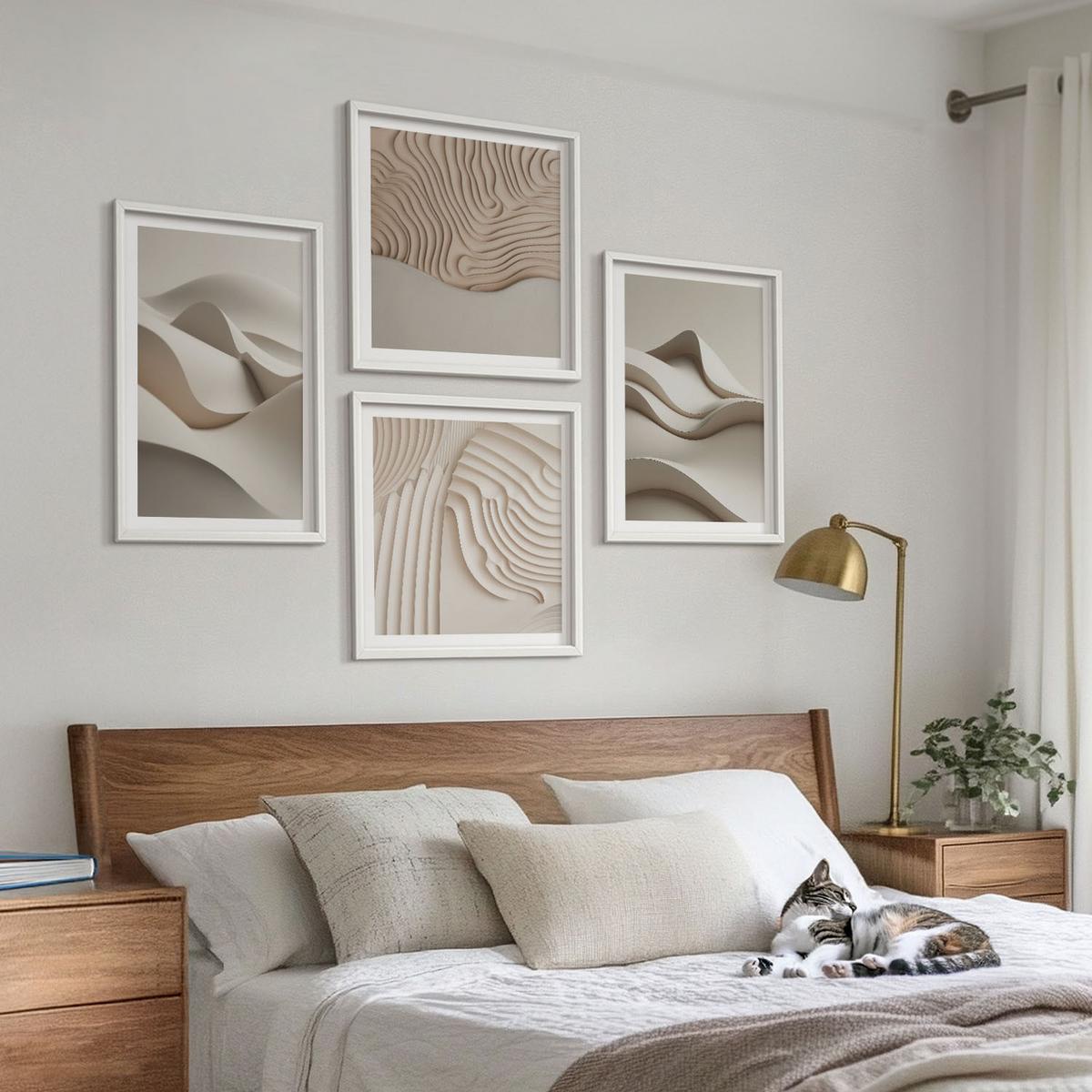 BILDER SET 4er Set - 50x50 cm & 40x60 cm Weißer Rahmen - Abstrakte beige Wellen - Weiß, Kunststoff (50/50cm) - TULUP