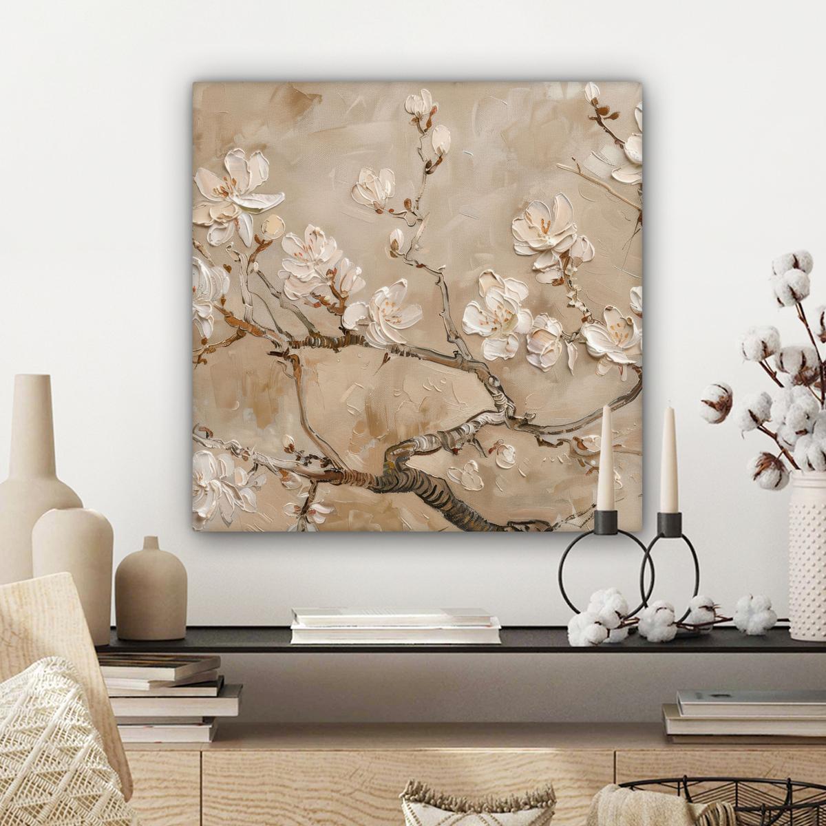 LEINWANDBILD Blumen - Modern - Beige - Weiß - Blüte Wandbild Wohnzimmer 50x50 cm - Beige, Textil (50/50cm) - MuchoWow