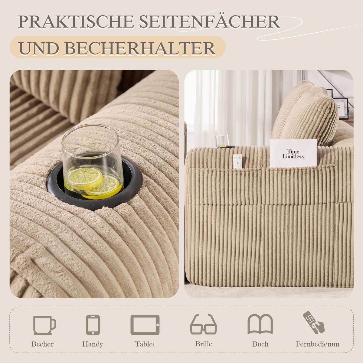 CHAISELONGUE in Cord Übergroßer Relaxsessel mit Seitentaschen - Taupe, Textil (158/61/93cm) - Urban Meuble