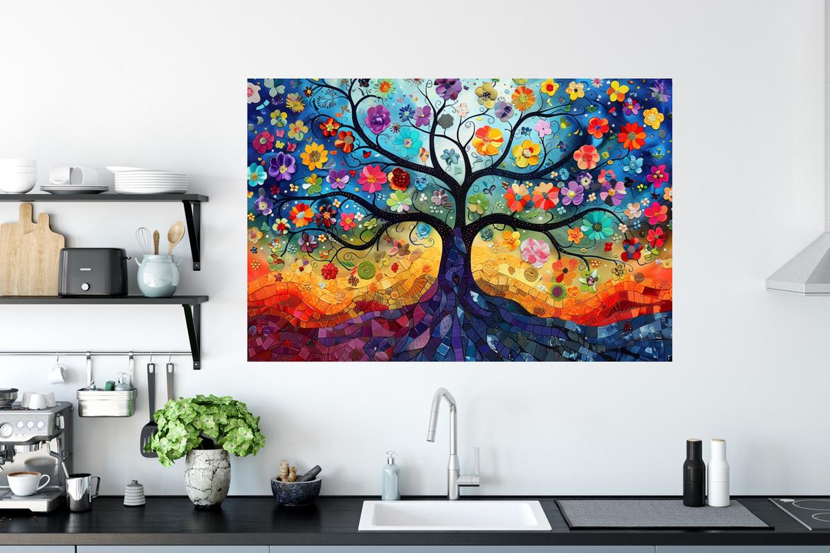 WANDTATTOO Kunst - Baum des Lebens - Blumen - Hippie Wandsticker 120x80 cm - Dunkelblau, Kunststoff (120/80/0.1cm) - MuchoWow