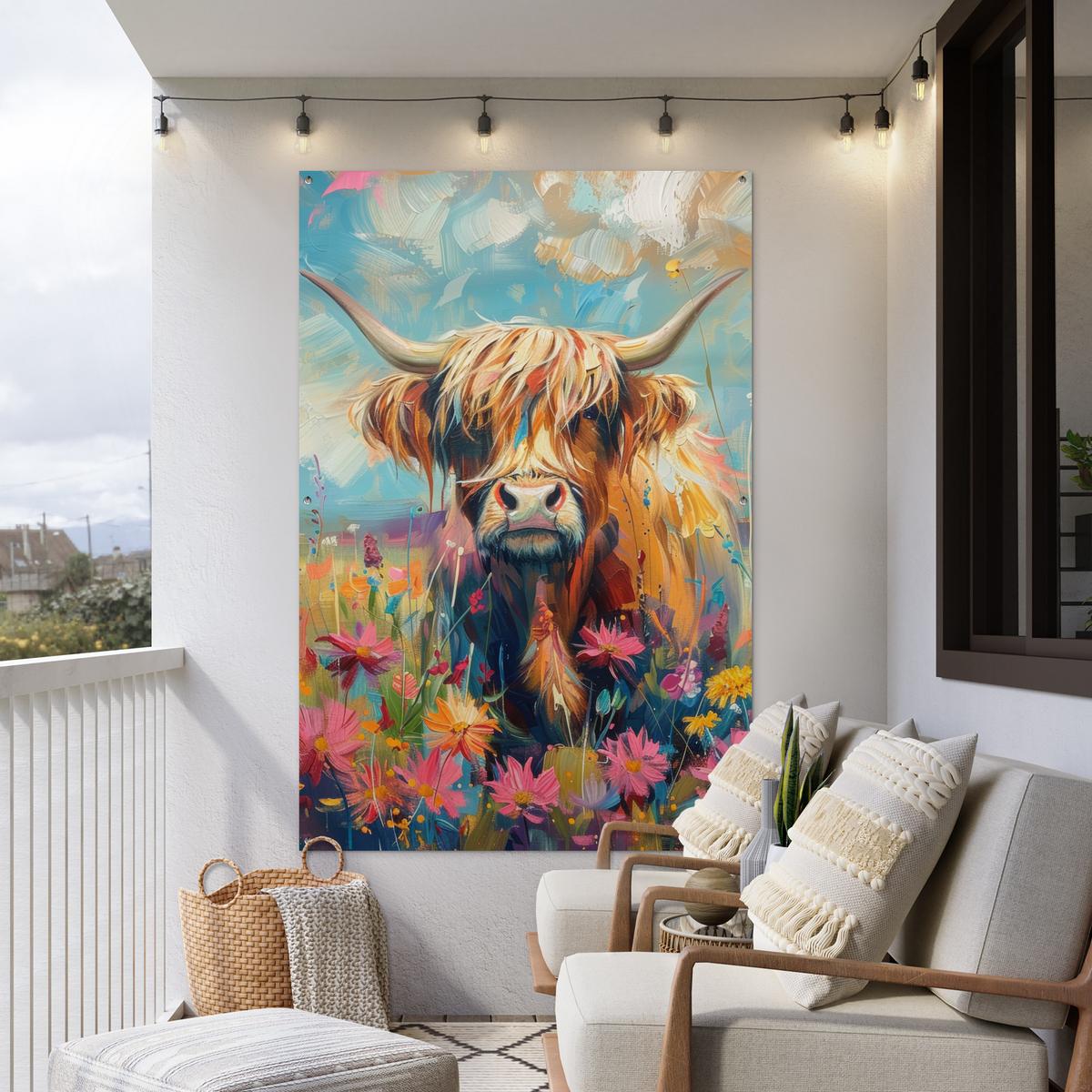 GARTENPOSTER Schottische Hochländer - Natur - Farbenfroh - Blumen Bild 120x180 cm - Hellblau, Kunststoff (120/180/0.2cm) - OnlyWow