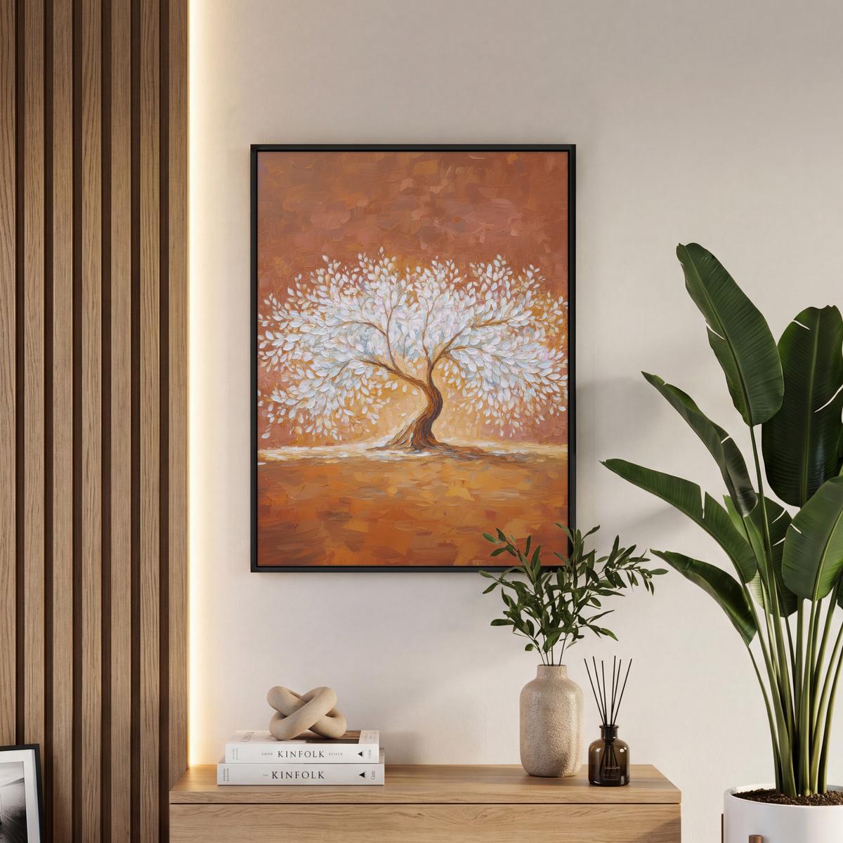 LEINWAND Bilder mit Rahmen - Abstrakt - Baum - Weiß - Blätter - 60x80 - Braun, Textil (60/80cm) - MuchoWow