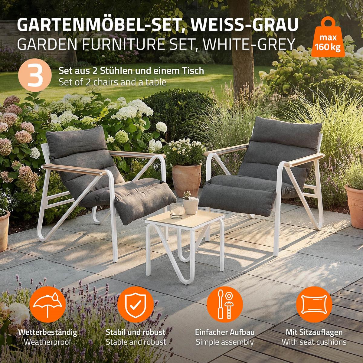 GARTENMÖBEL Set 3 tlg Weiß-Grau mit Stahlgestell - Anthrazit/Weiß, Textil/Metall - ML-DESIGN