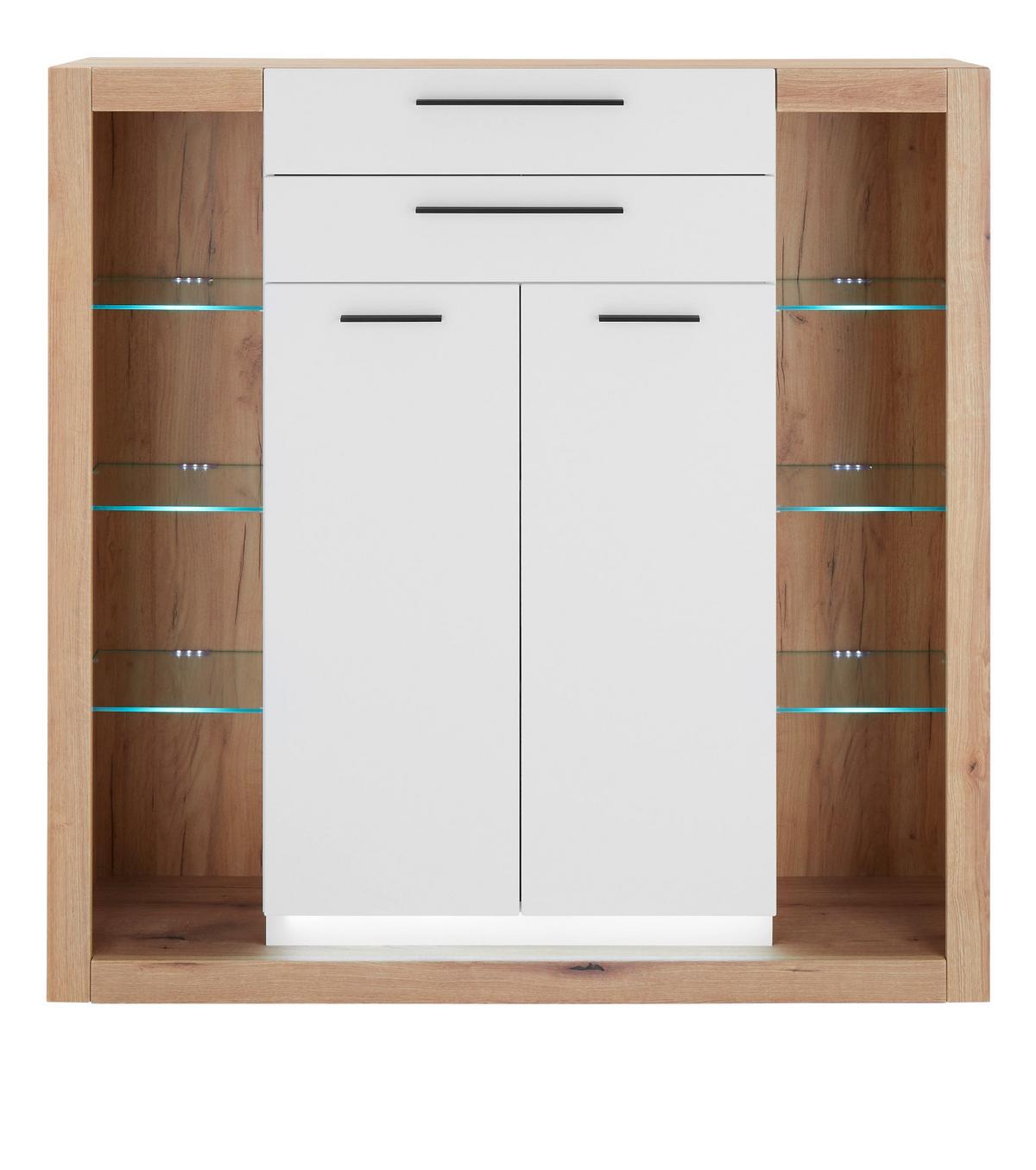 HIGHBOARD weiß matt, Evoke Eiche, Kommode 141 x 139 cm - Eichefarben/Silberfarben, Glas/Holzwerkstoff (141/139/37cm) - Furn.Design