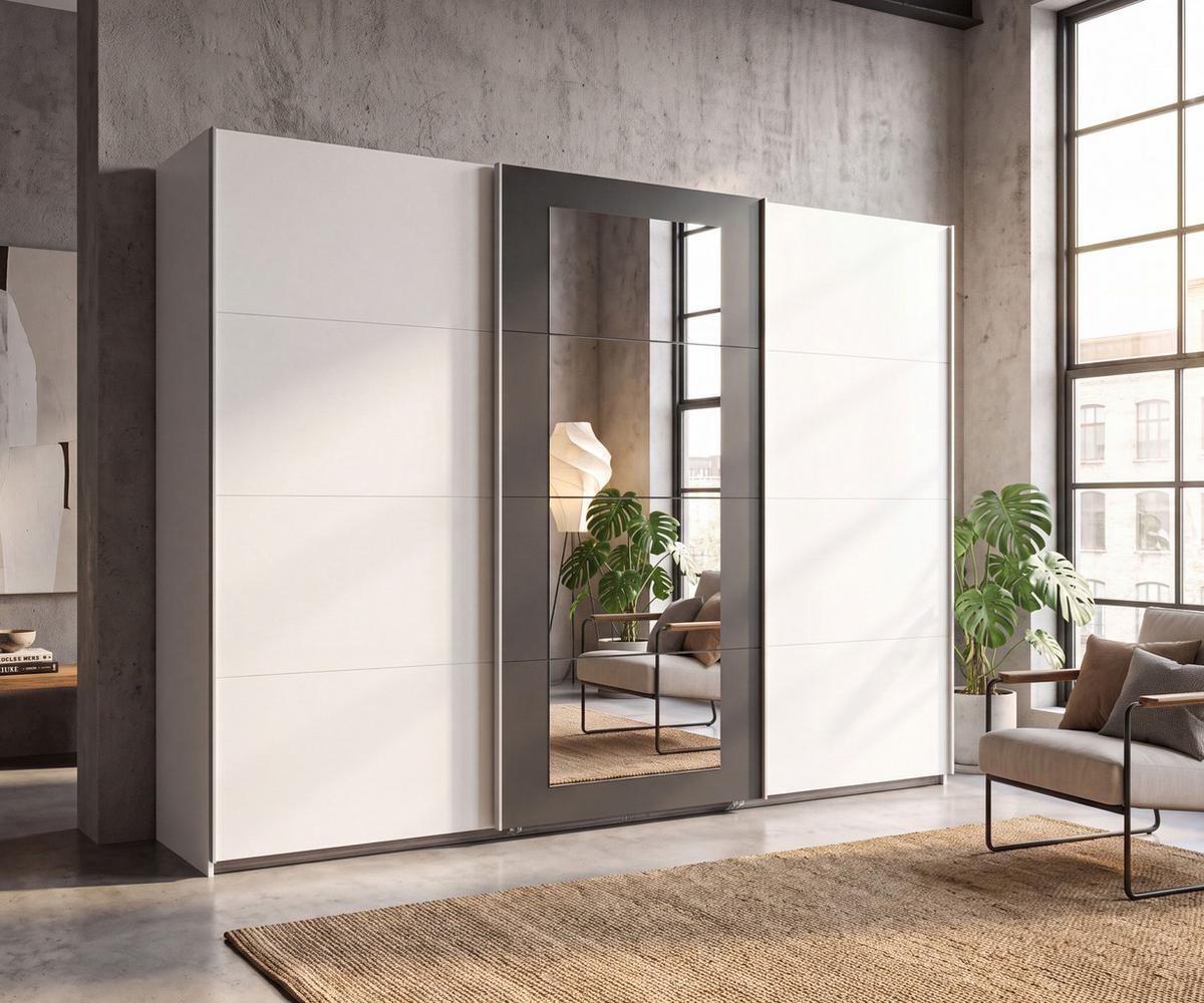 SCHWEBETÜRENSCHRANK 3-türig B313/H208/64 cm Kleiderschrank in Weiß, Spiegel umrahmt in Grafit, Griffe Weiß / 22632 - Graphitfarben/Weiß, Holzwerkstoff/Metall (313/208/64cm) - luma-home